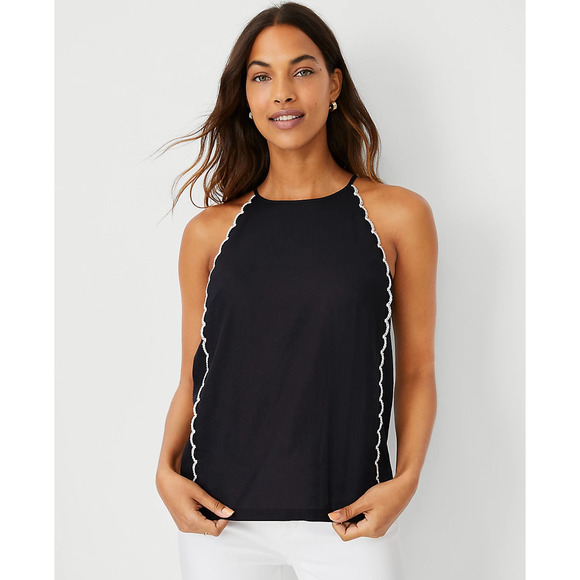 Ann Taylor Size L Scalloped Linen Blend Halter Top Black White Trim - Picture 2 of 10